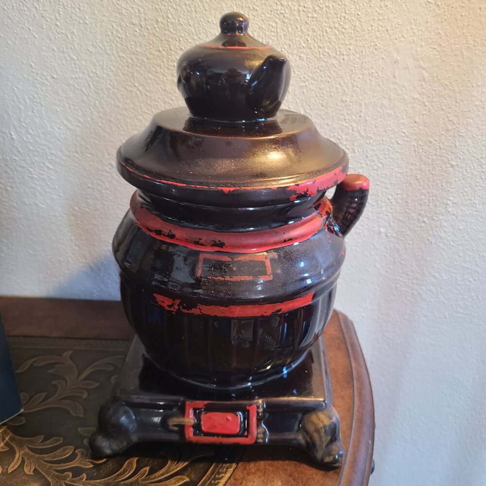 Vintage Norleans Pot Belly Stove Brown and Red Cookie Jar Teapot on Top